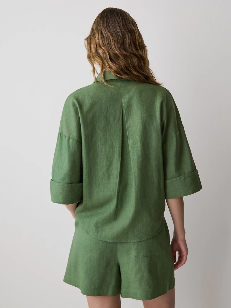 Blouse en Mélange de Lin à Manches Courtes et Col Chemisier