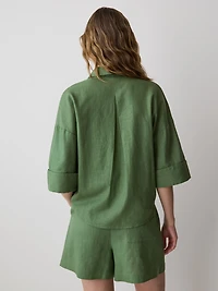 Blouse en Mélange de Lin à Manches Courtes et Col Chemisier