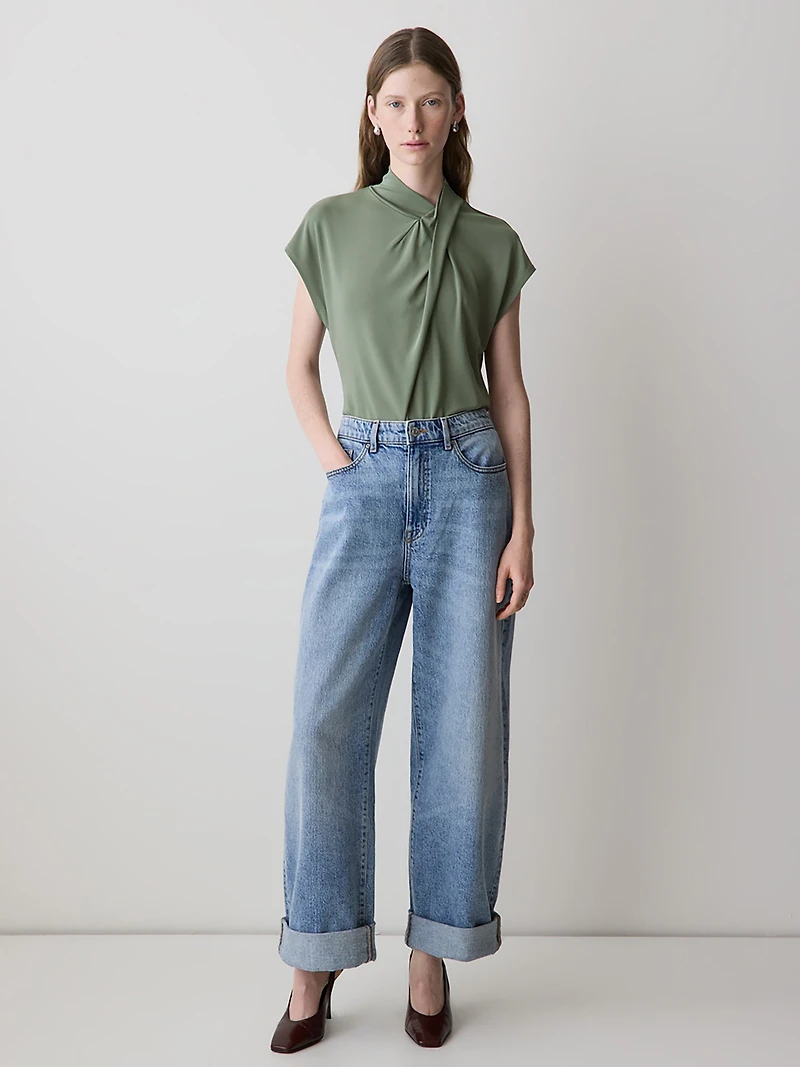 Extended-Sleeve Top with Crossover Draped Mock Neckline