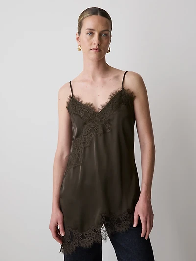 Blouse Sans Manches à Col V en Satin avec Garnitures Dentelle