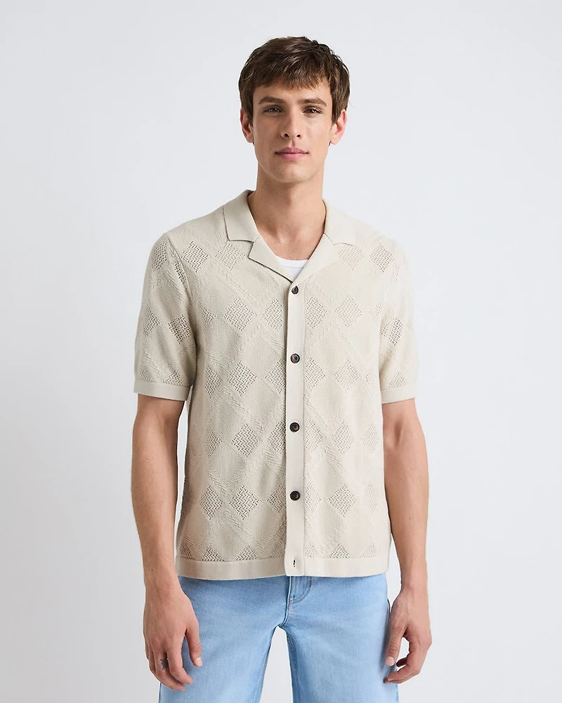 Short-Sleeve Buttoned-Down Argyle Sweater with Camp Collar