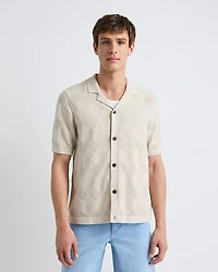 Short-Sleeve Buttoned-Down Argyle Sweater with Camp Collar