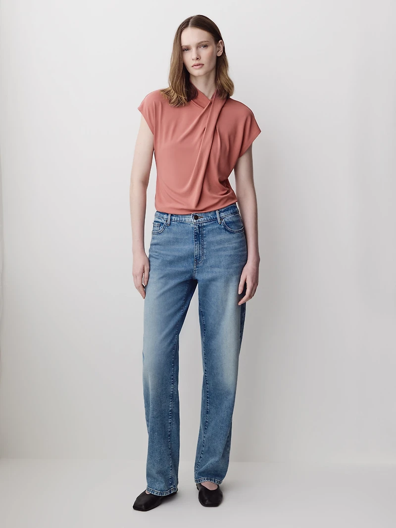Extended-Sleeve Top with Crossover Draped Mock Neckline