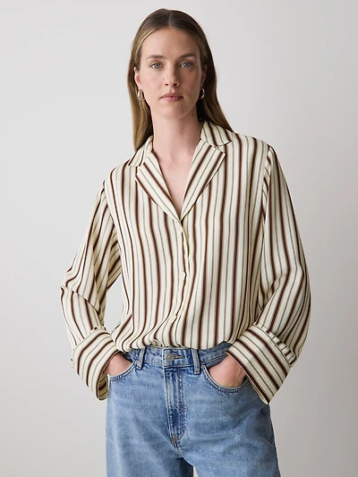 Blouse en Sergé à Manches Longues et Col Revers Cranté