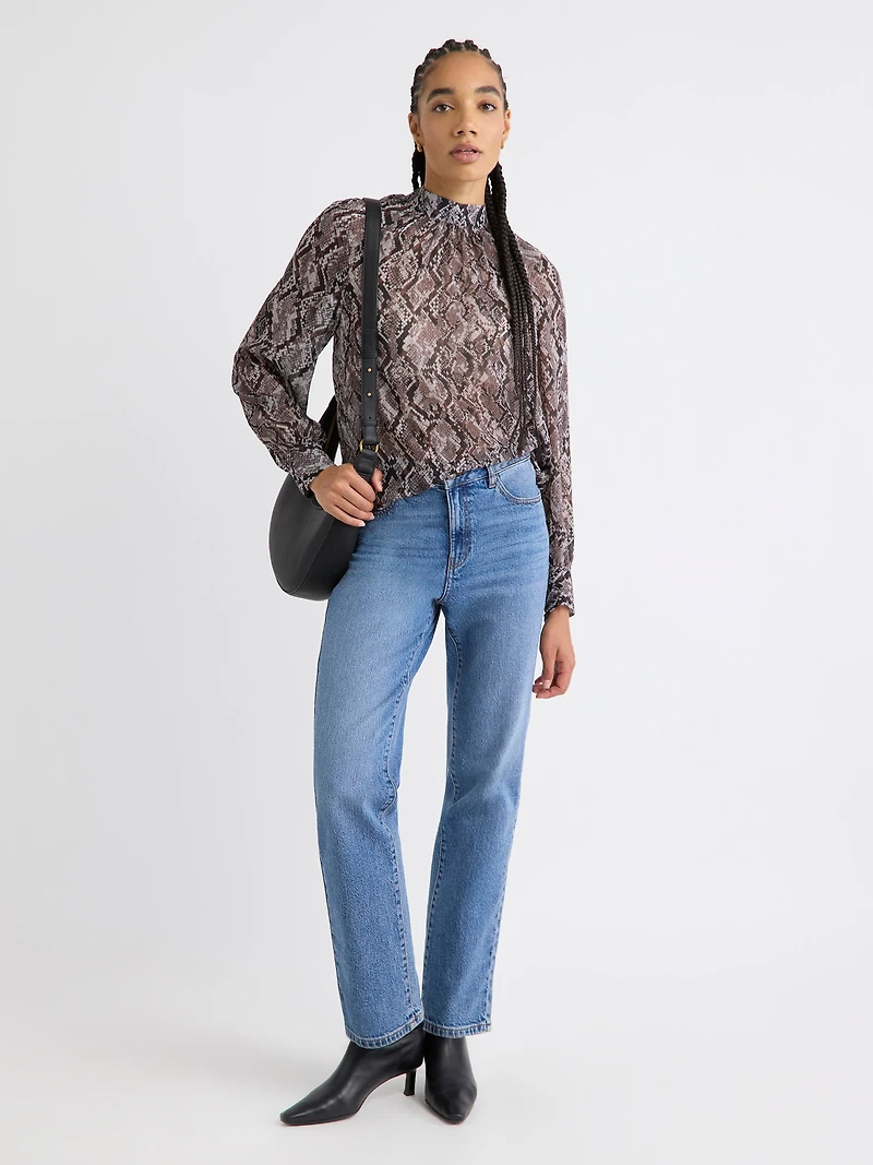 Long-Sleeve Chiffon Popover Blouse