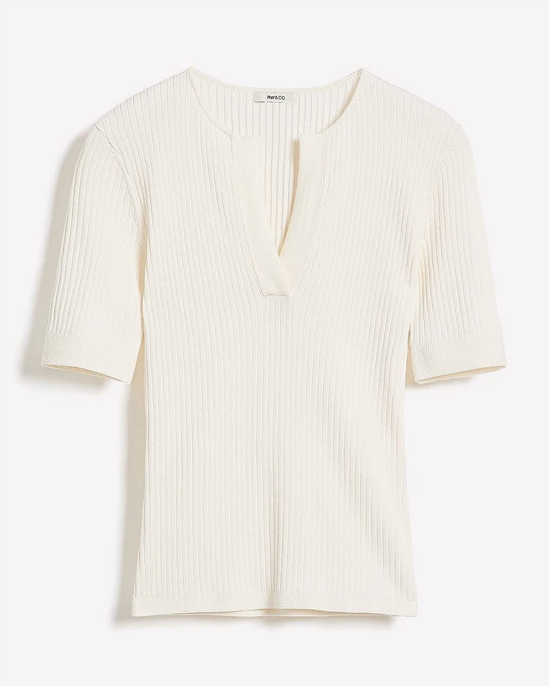 Split-Neck Elbow-Sleeve Ribbed Sweater