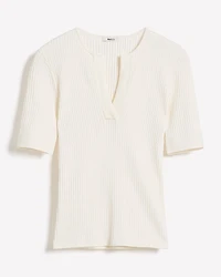 Split-Neck Elbow-Sleeve Ribbed Sweater
