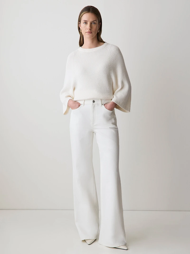 Jeans Crème Long à Taille Haute et Jambe Large