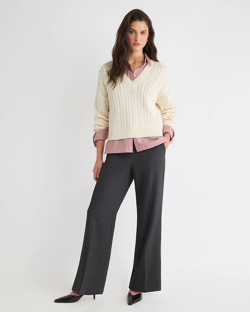 Long-Sleeve V-Neck Cable-Stitch Merino-Blend Sweater