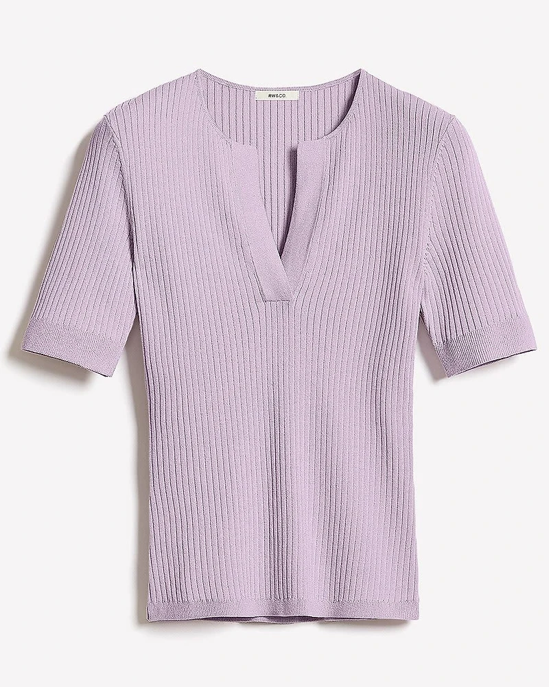 Split-Neck Elbow-Sleeve Ribbed Sweater