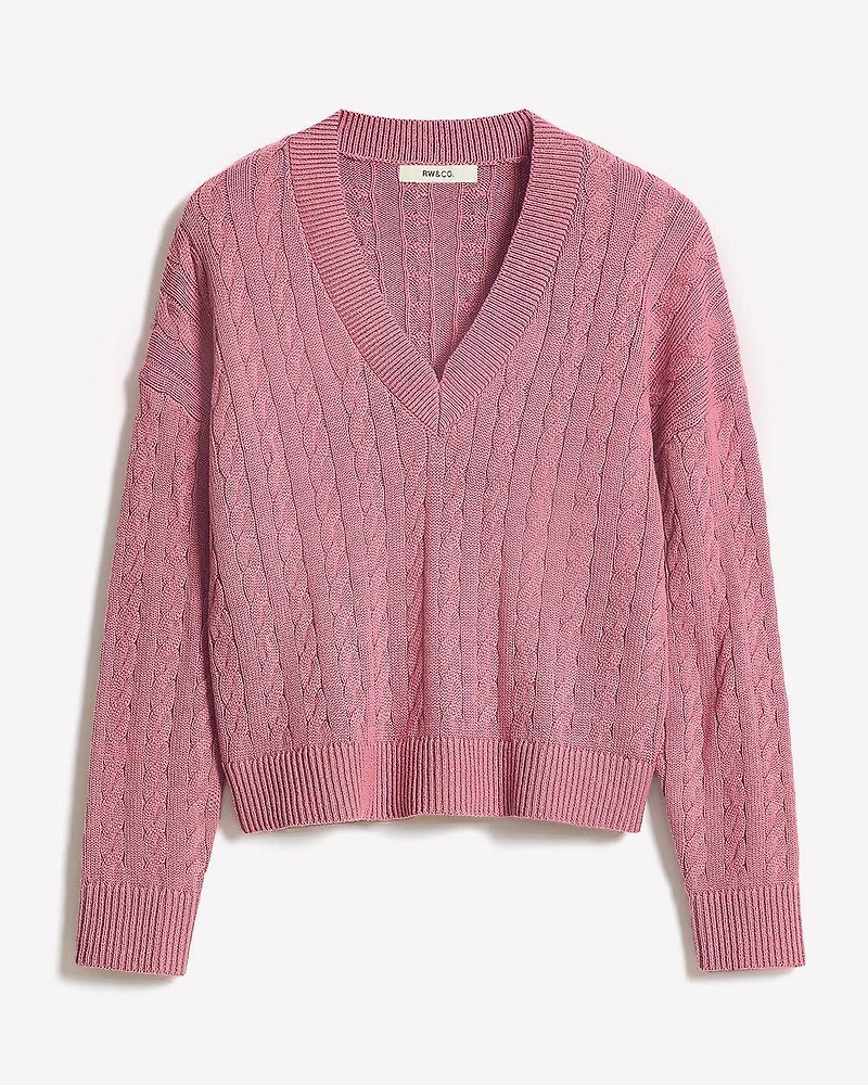 Long-Sleeve V-Neck Cable-Stitch Merino-Blend Sweater