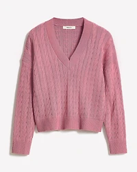 Long-Sleeve V-Neck Cable-Stitch Merino-Blend Sweater