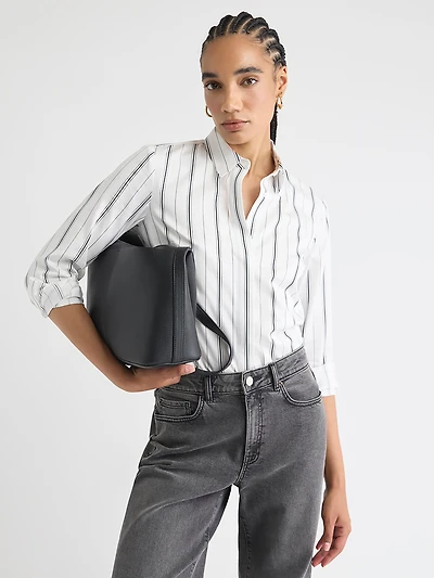 Blouse Boutonnée en Popeline Rayée à Manches Longues