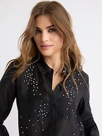 Blouse Boutonnée à Manches Longues avec Strass
