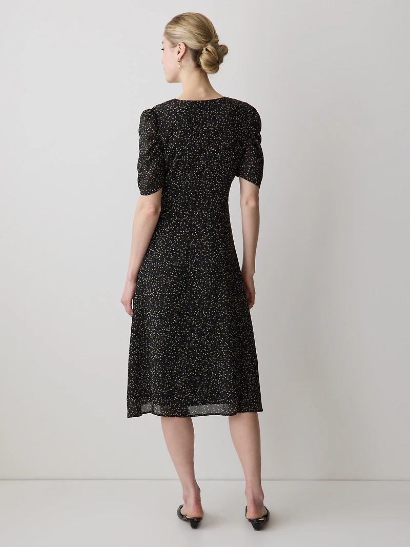 Short-Sleeve Chiffon Midi Dress with Lace Trim