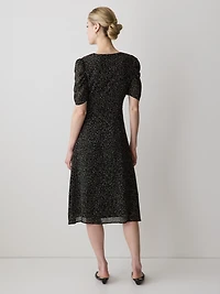 Short-Sleeve Chiffon Midi Dress with Lace Trim