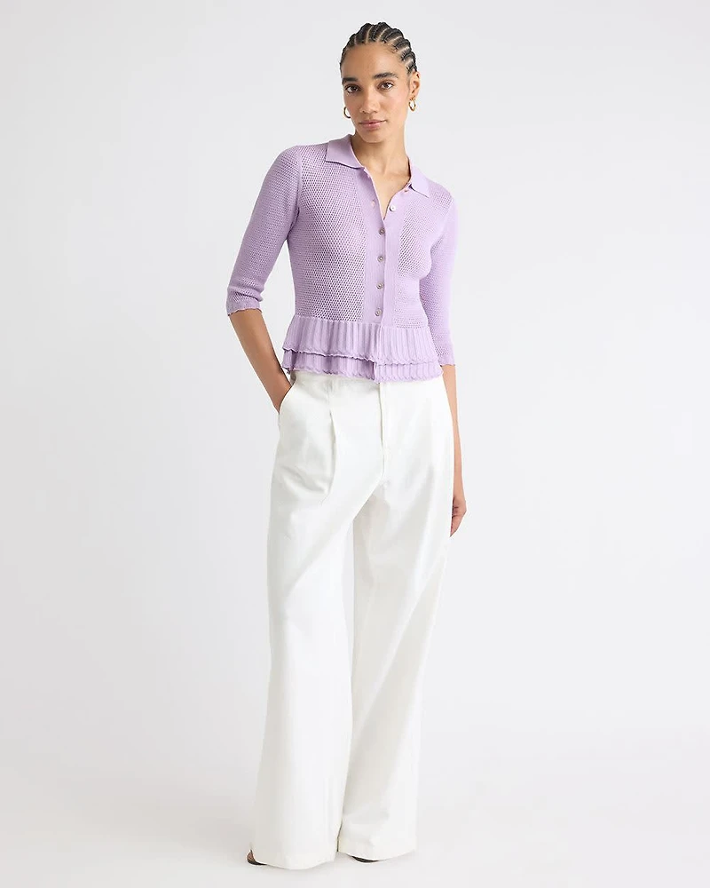 Cardigan à Col Polo et Ourlet Volants