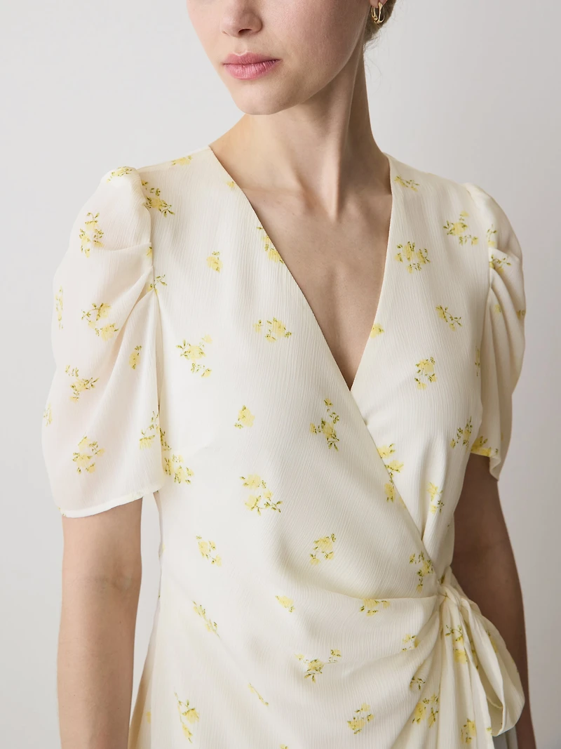 Short-Sleeve Chiffon Midi Dress with Lace Trim