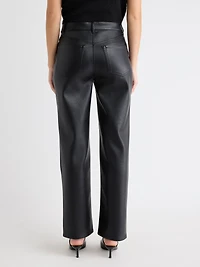 Pantalon Taille Haute en Faux Cuir à Jambe Droite