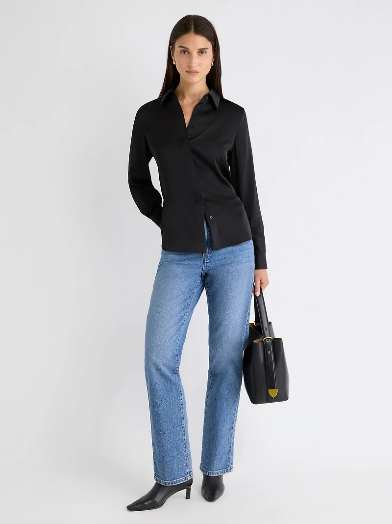 Satin Long-Sleeve Buttoned-Down Blouse