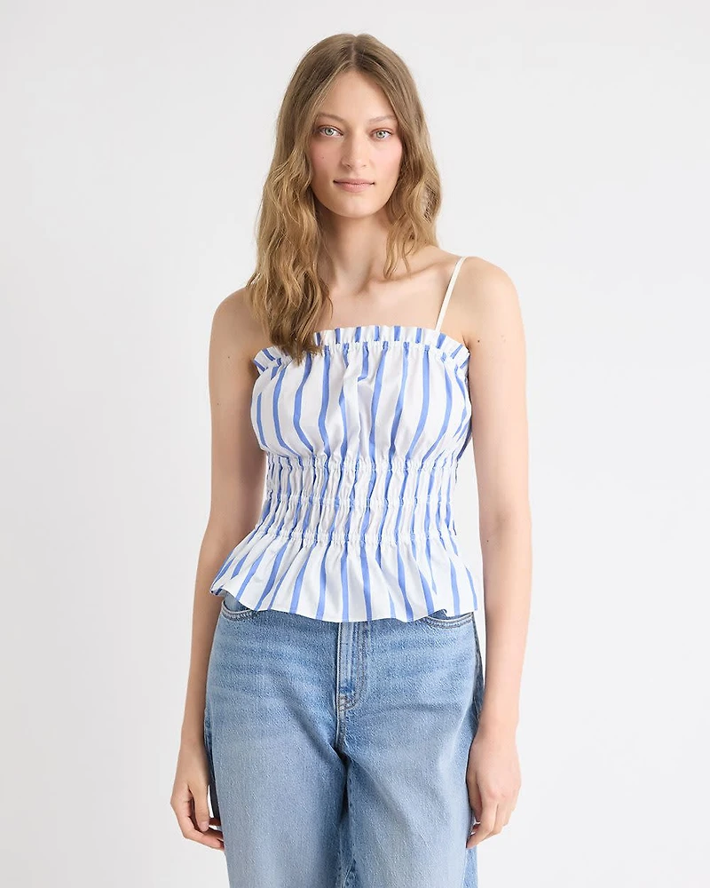 Striped Sleeveless Square-Neck Smocked Poplin Blouse