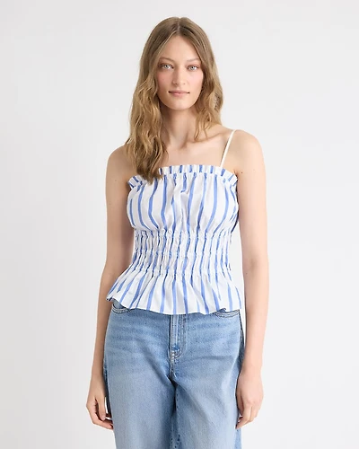 Striped Sleeveless Square-Neck Smocked Poplin Blouse