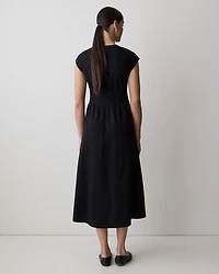 Extended-Sleeve Crew-Neck Midi Dress with Pintucks