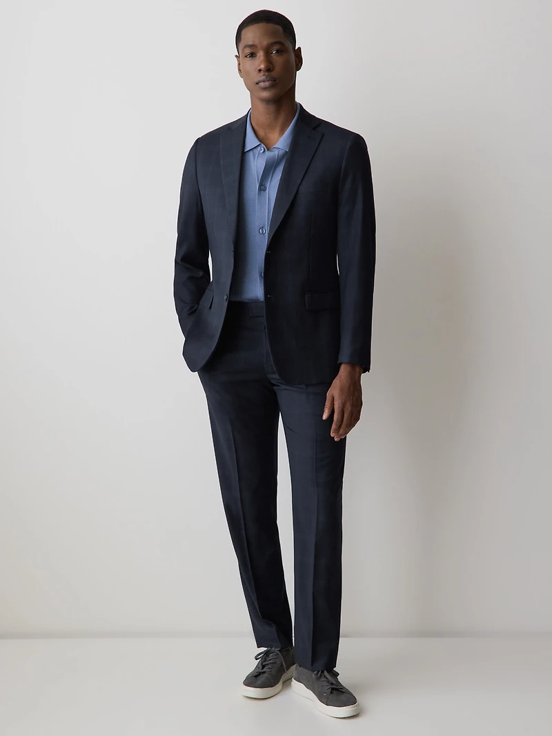 Pantalon de Complet Carreauté Marine à Coupe Ajustée