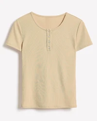 Haut Côtelé à Col Henley et Manches Courtes