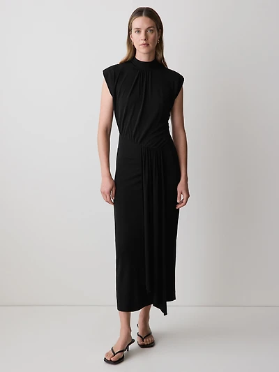 Draped Midi Cocktail Dress with Cascade