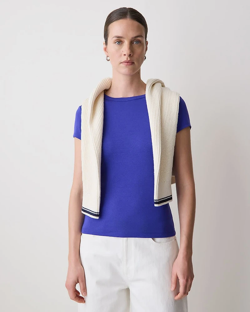 T-Shirt Côtelé à Manches Courtes et Col Rond