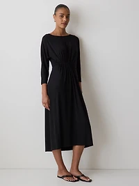 3/4-Sleeve Cowl-Neck Dress with Shirred Waist