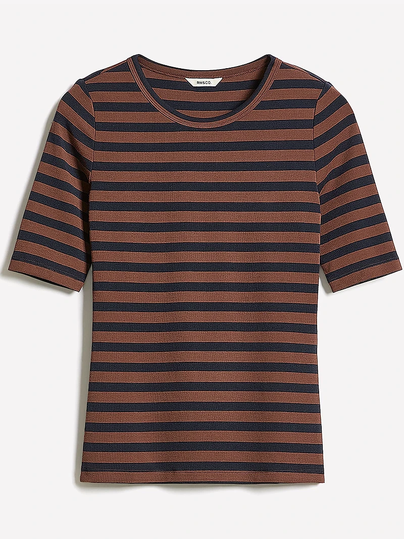 Striped Elbow-Sleeve Crew-Neck Fitted Tee