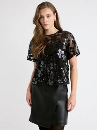 Short-Sleeve Crew-Neck Sequins Popover Blouse