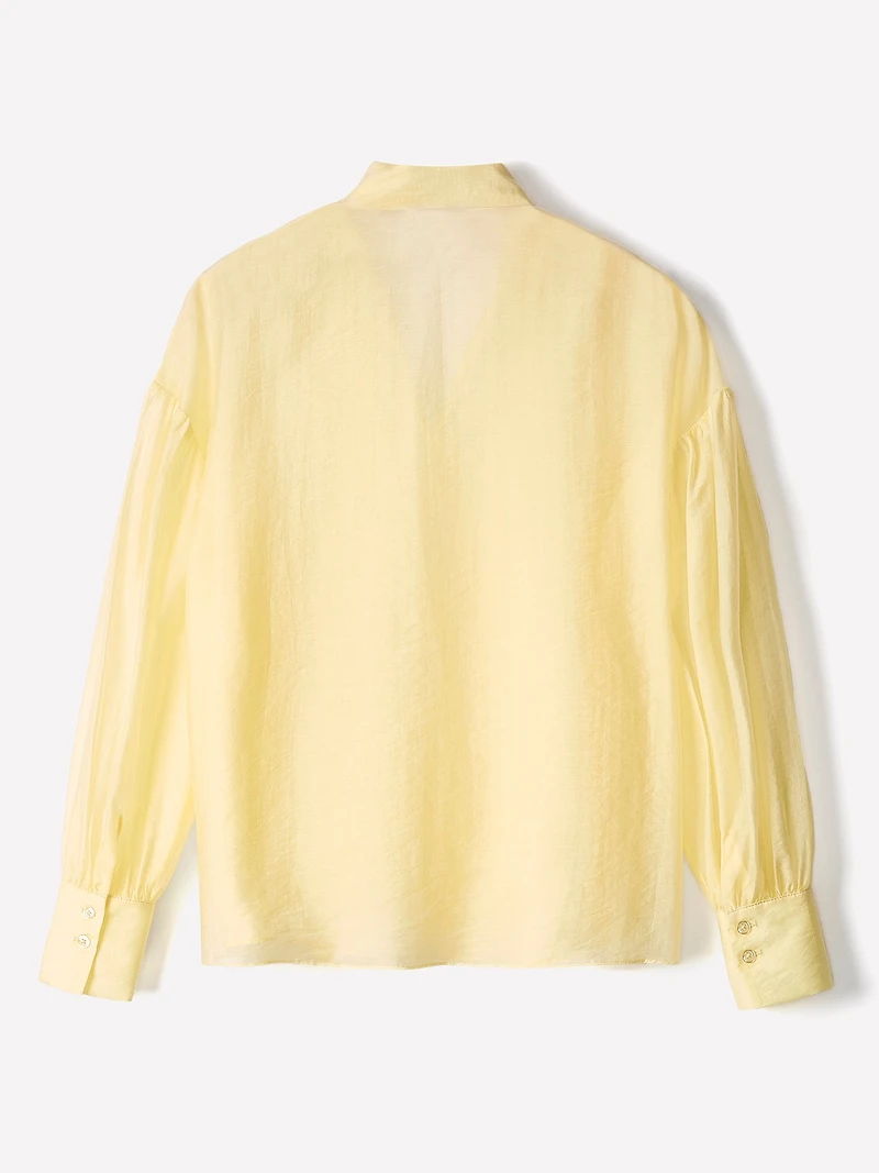 Long-Sleeve V-Neck Blouse with Ribbon at Neckline