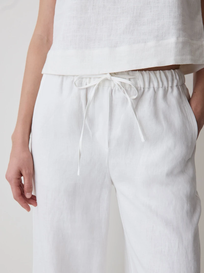 Pantalon en Lin à Taille Mi-Haute et Jambe Large