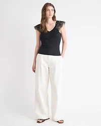 V-Neck Ribbed Top with Short Flutter Sleeves