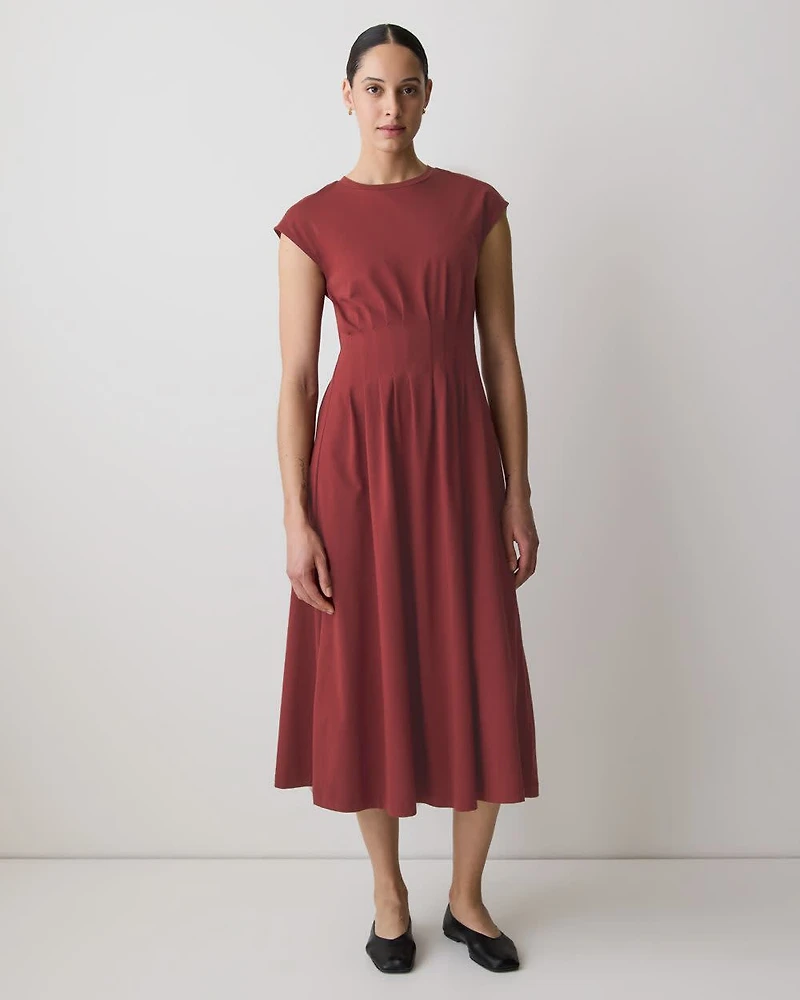 Extended-Sleeve Crew-Neck Midi Dress with Pintucks