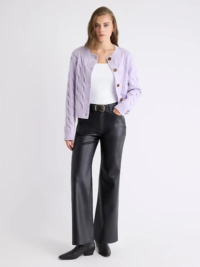 Pantalon Taille Haute en Faux Cuir à Jambe Large
