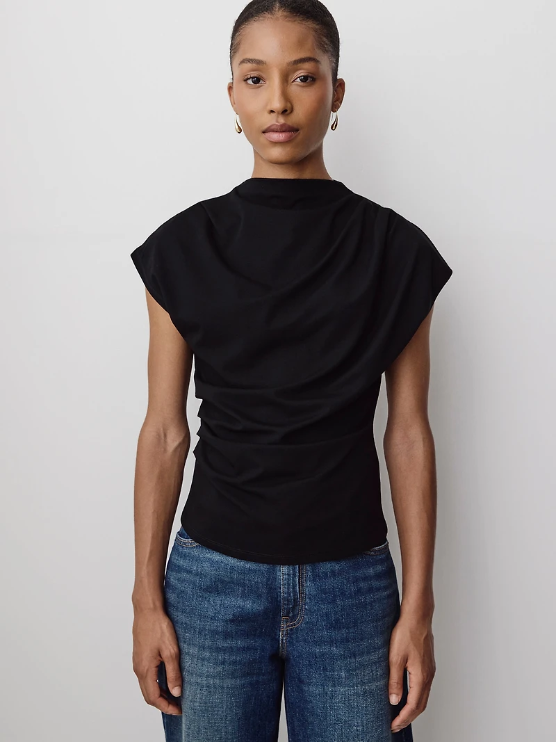 Extended-Sleeve Crew-Neck Draped Top