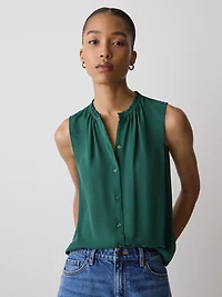 Blouse Boutonnée Sans Manches avec Garniture à Volants