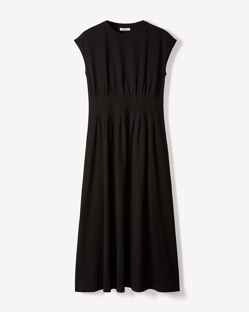 Extended-Sleeve Crew-Neck Midi Dress with Pintucks