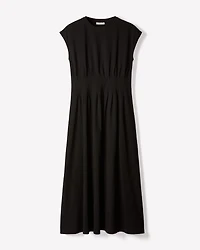 Extended-Sleeve Crew-Neck Midi Dress with Pintucks