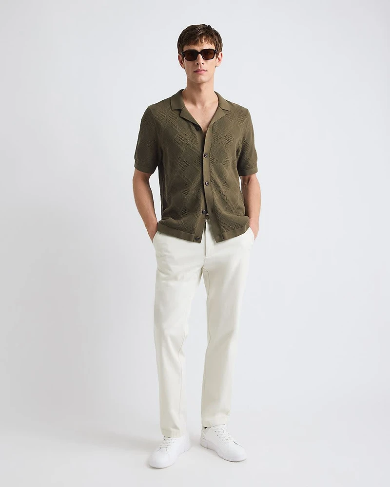 Short-Sleeve Buttoned-Down Argyle Sweater with Camp Collar