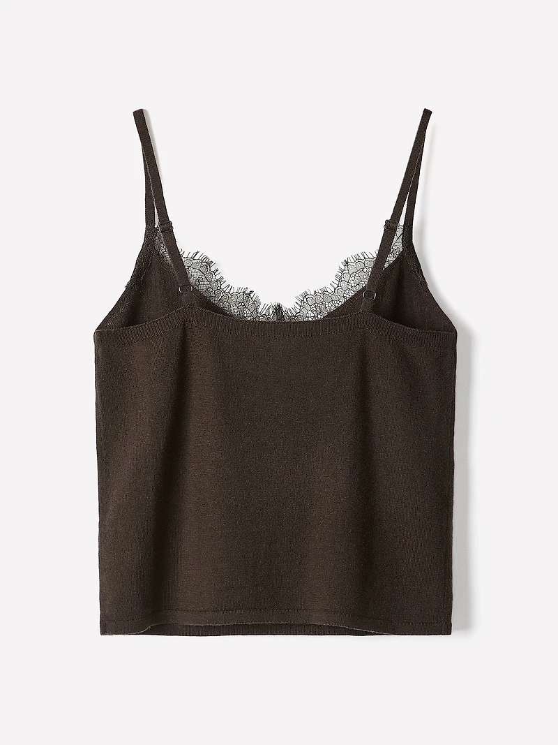 Merino-Wool V-Neck Cami with Lace Trim