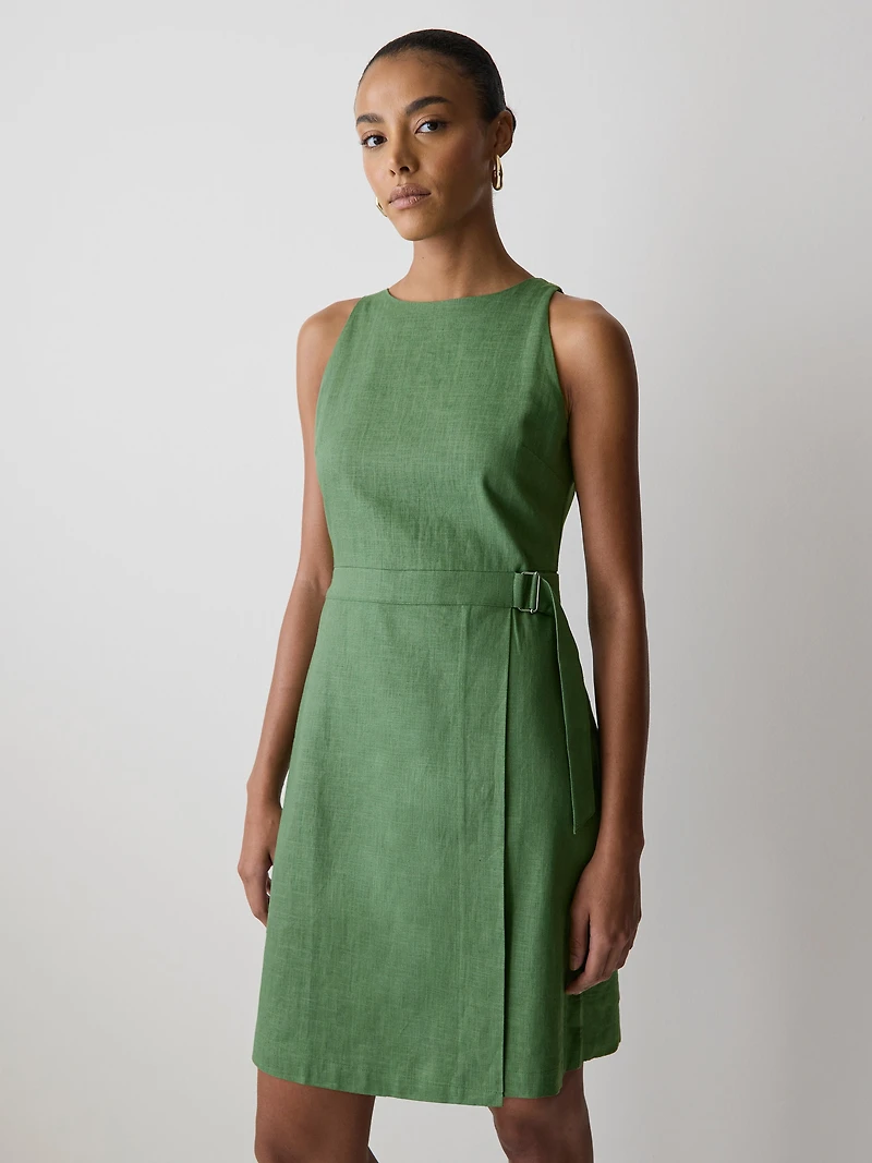 Robe Courte Sans Manches à Col Bateau en Mélange de Lin