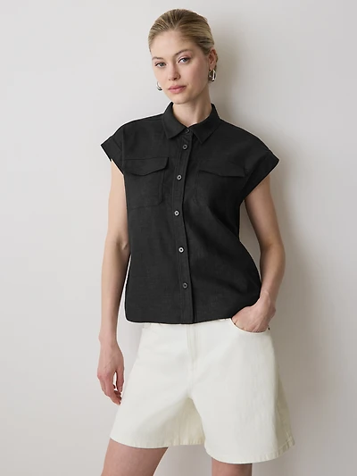 Linen-Blend Extended-Sleeve Blouse with Shirt Collar