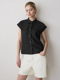 Linen-Blend Extended-Sleeve Blouse with Shirt Collar