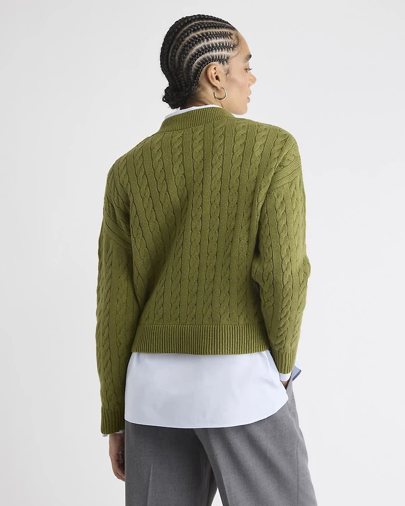 Long-Sleeve V-Neck Cable-Stitch Merino-Blend Sweater