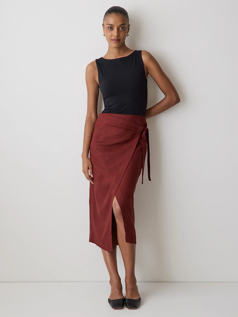 Linen-Blend Straight Midi Skirt with Wrap Front